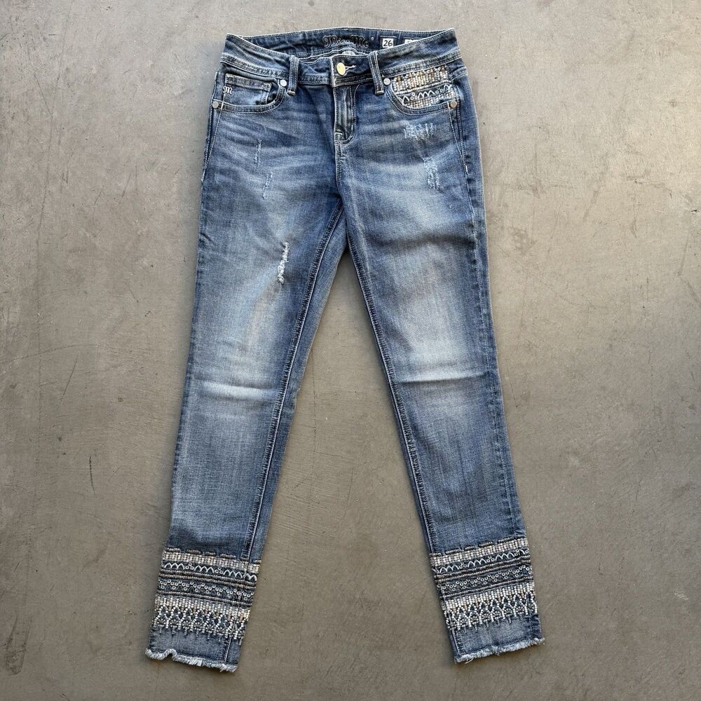 Miss Me Womens 26 x 27 Jeans Pants Denim Mid Rise Ankle Skinny Stitched Floral